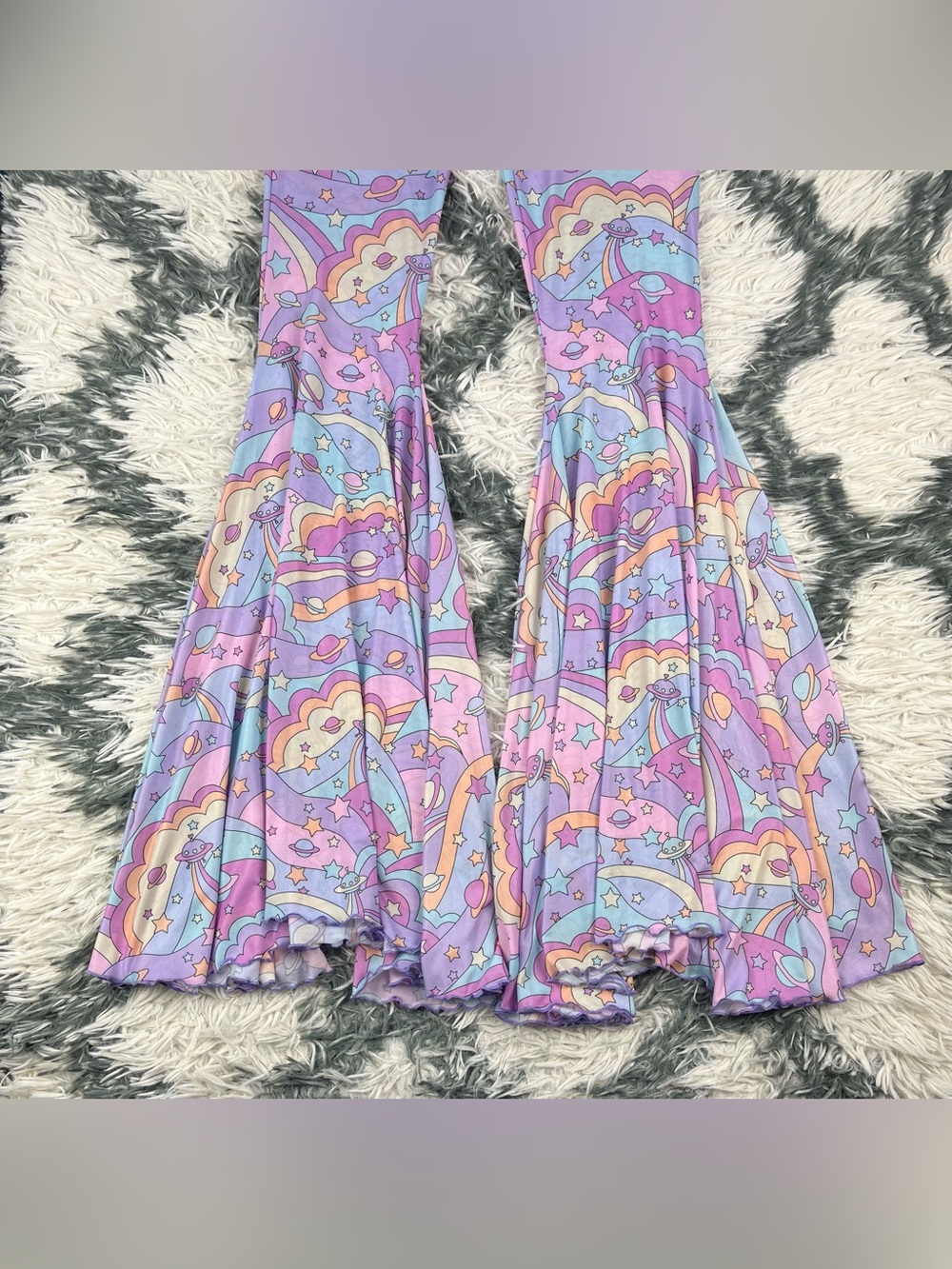 Dolls Kill Sugar Thrillz Women’s Purple Groovy Galaxy Mesh Flares Pants Size M - Picture 2 of 12